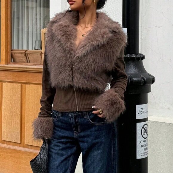 Brown Casual Women's Faux Fur Zipper Long Sleeve sweater top - Picture 4 of 6